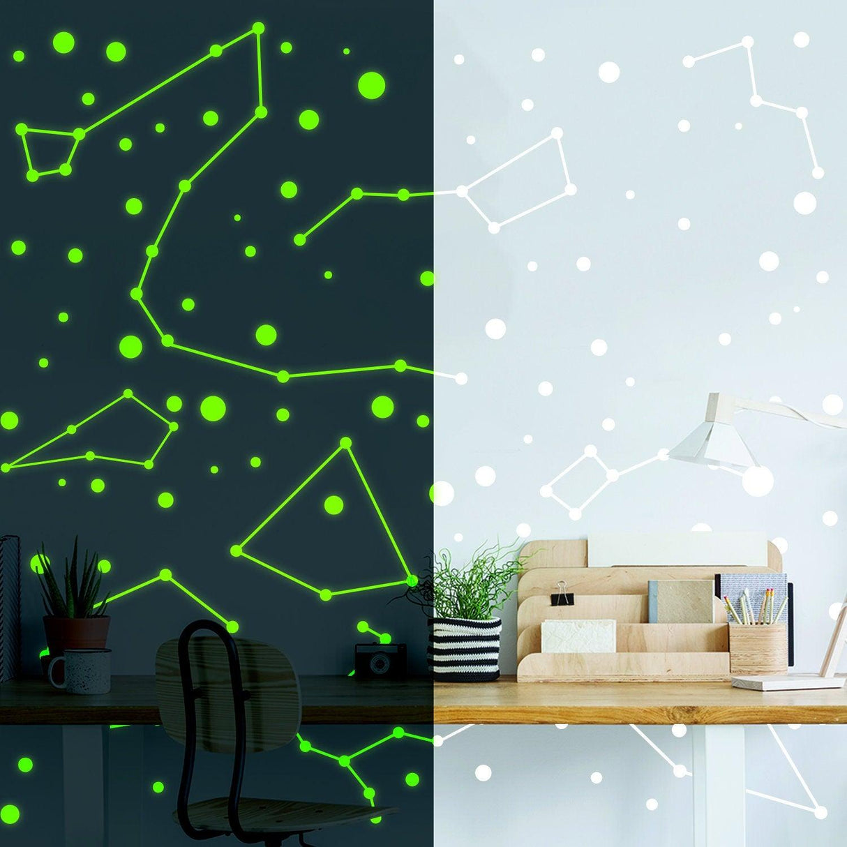 Glow in dark zodiac star wall stickers illuminating a bedroom and office space for a magical decor.