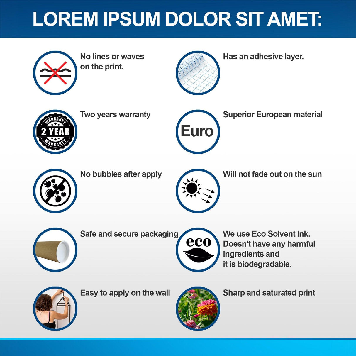 Infographic detailing features and benefits of a wallpaper decal including warranty, material, and eco-friendliness.