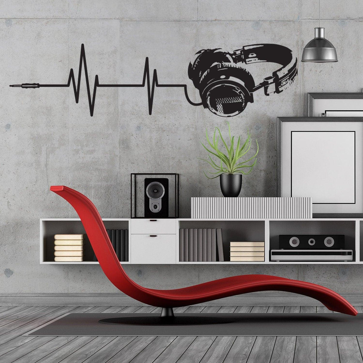 Headphone vinyl wall sticker design featuring a soundwave, adding a modern music art touch to a stylish room.