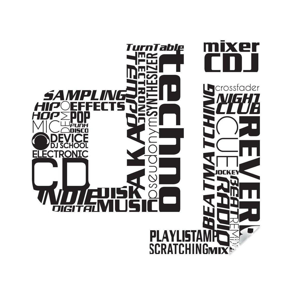 DJ music art collage featuring terms like techno, turntable, mixer, and scratching for party decor.