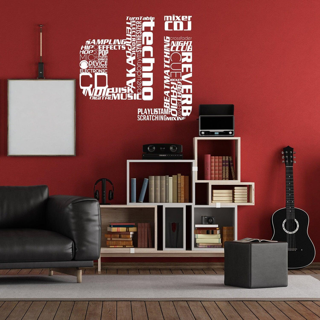 DJ wall art sticker featuring music terms on a red wall in a stylish living room.