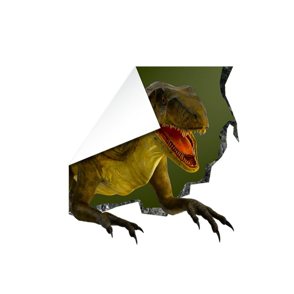 3D vinyl dinosaur wall sticker featuring a dinosaur bursting through a cracked wall for fun home decor.