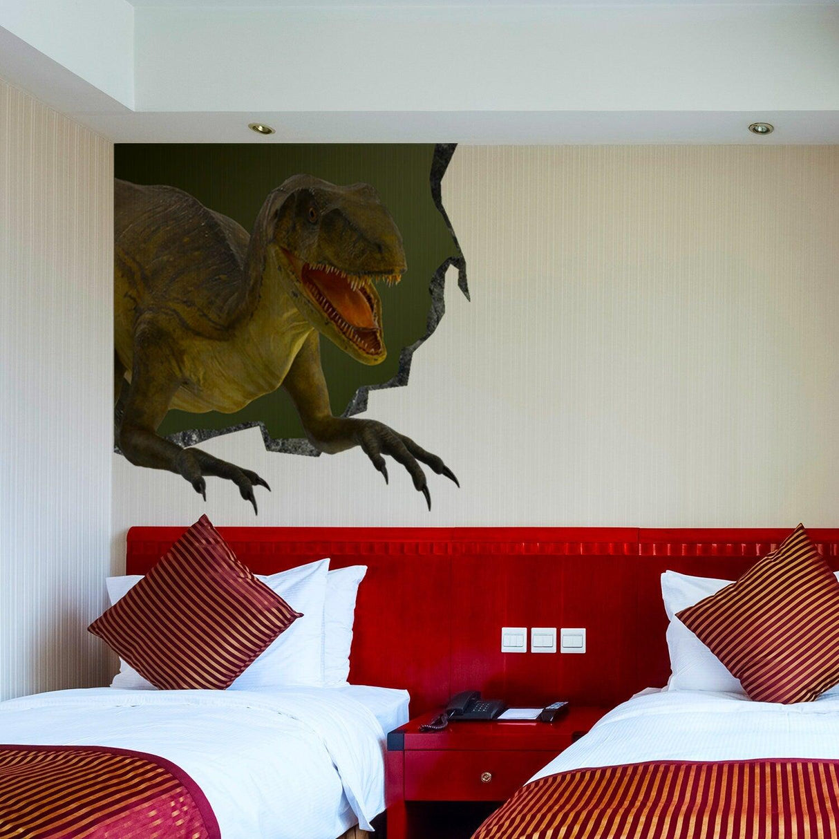 3D dinosaur wall sticker in a hotel room, creating a broken wall illusion with vibrant colors and detail.