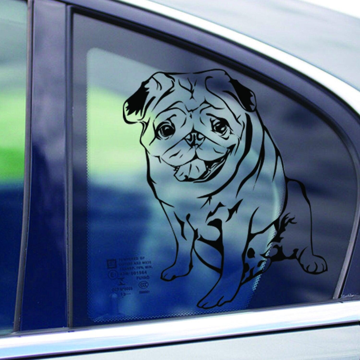 Custom vinyl decal of a cute pug sitting on a car window, perfect for dog lovers.