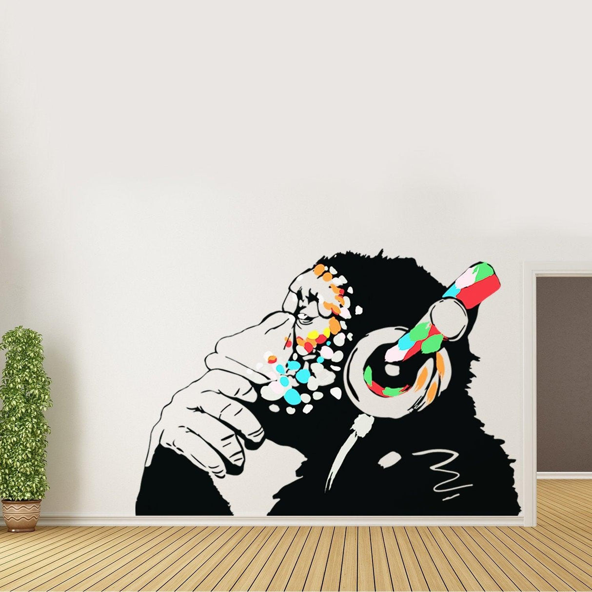 Stylish monkey wall art with colorful headphones, perfect for modern home decor