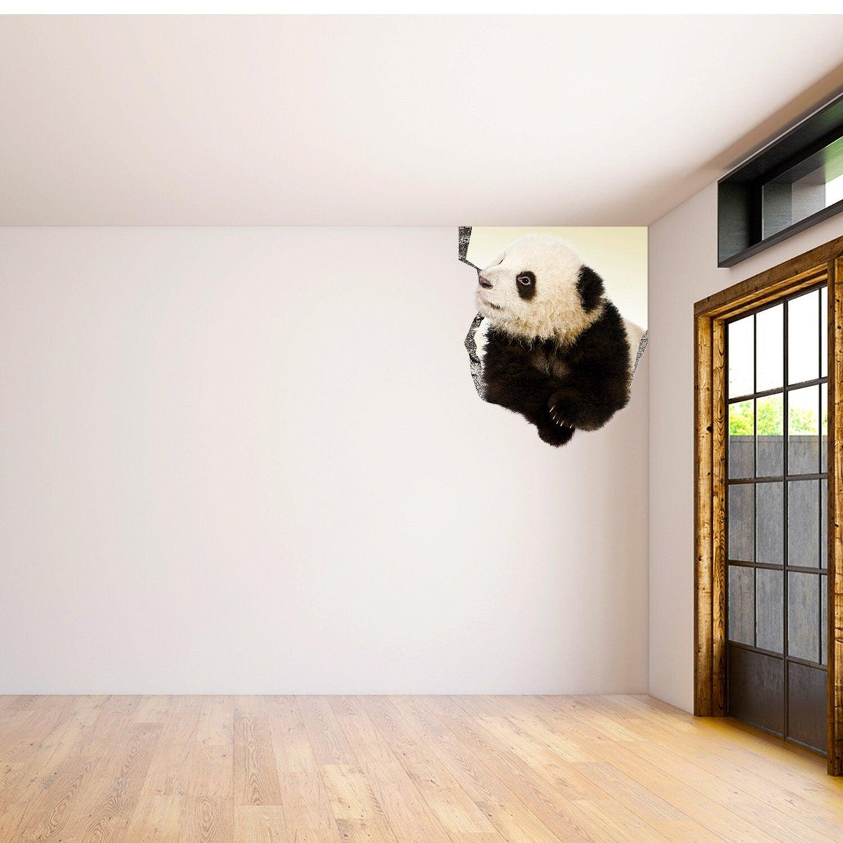 3D Art Animal Hole In Wall Sticker featuring a cute panda design, creating a broken wall illusion in a modern room.