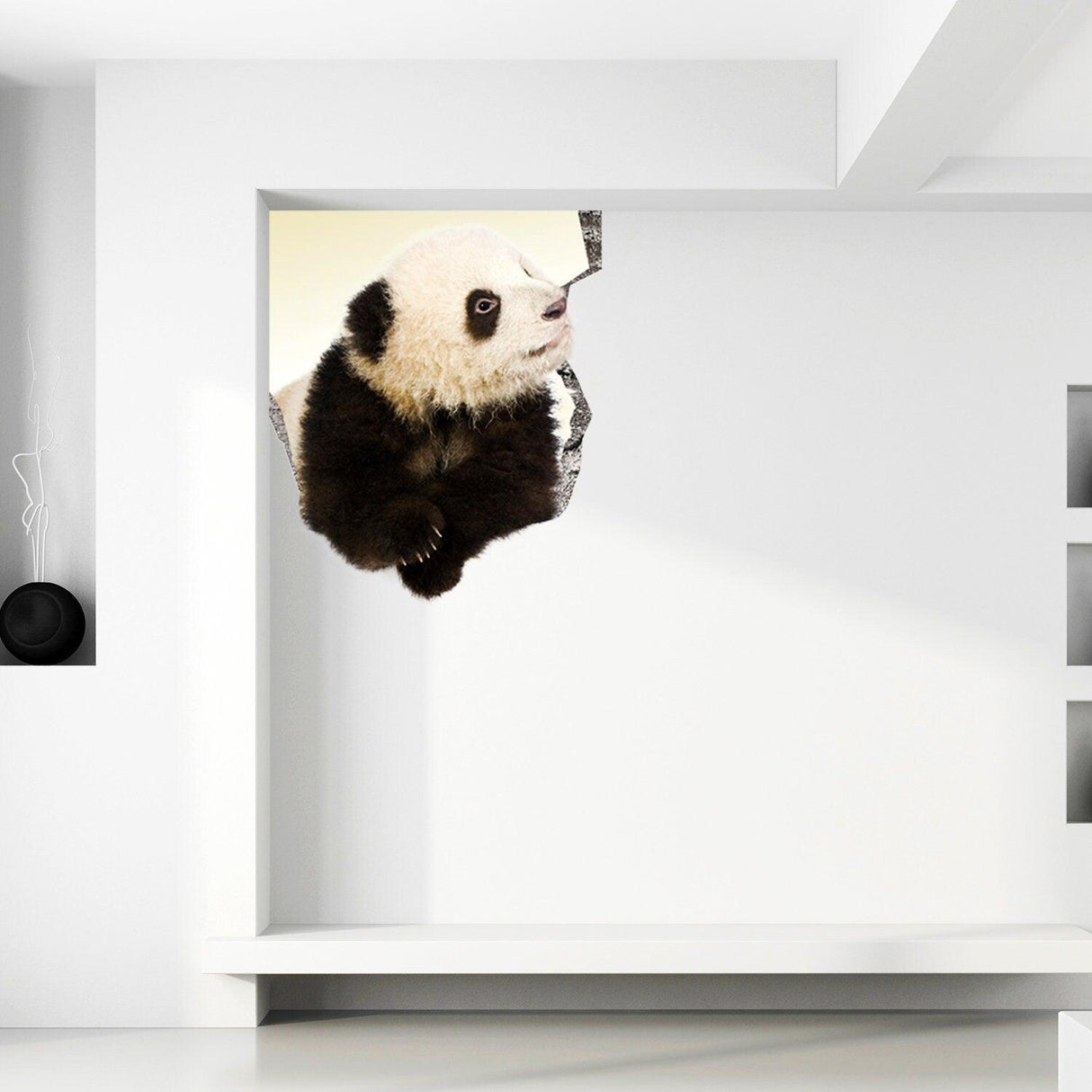 3D art panda wall sticker creating a broken wall illusion in a modern living space.