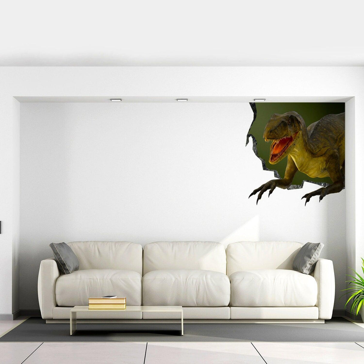 3D dinosaur wall sticker decal breaking through wall in modern living room decor, peel and stick vinyl art