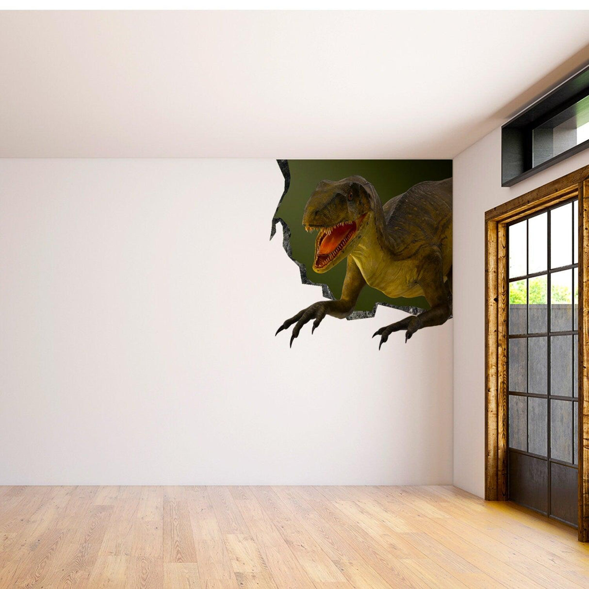 3D dinosaur wall sticker breaking through wall, creating a fun and realistic prehistoric illusion in a modern room.