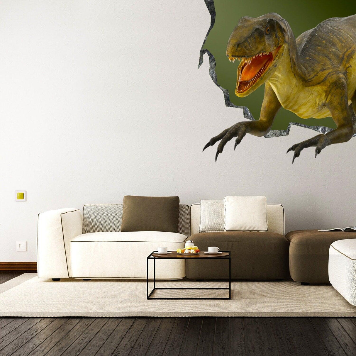 3D dinosaur wall sticker breaking through an interior wall, enhancing living room decor with a fun, prehistoric theme.