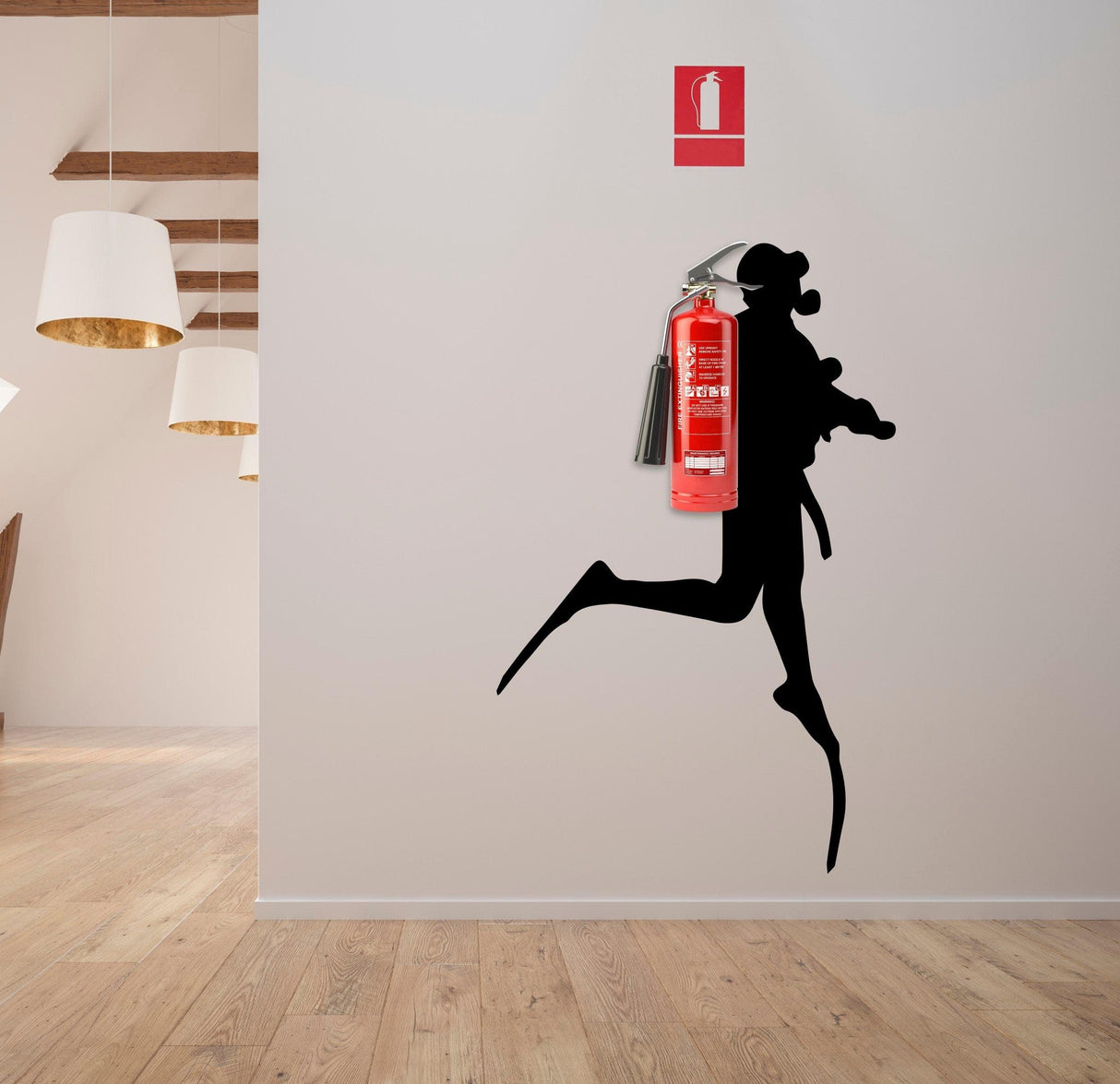 Silhouette of a scuba diver with a fire extinguisher wall sticker in a modern interior.