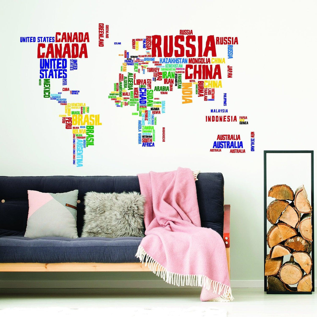 World Map Vinyl Wall Sticker with country names, colorful educational decor for kids' rooms or classrooms.