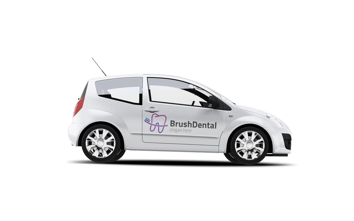 White car with BrushDental logo on the side, showcasing a dental-themed vehicle design.