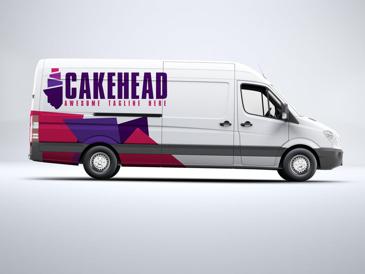 Custom vinyl wrap on a delivery van featuring the brand name 'Cakehead' with vibrant geometric design.