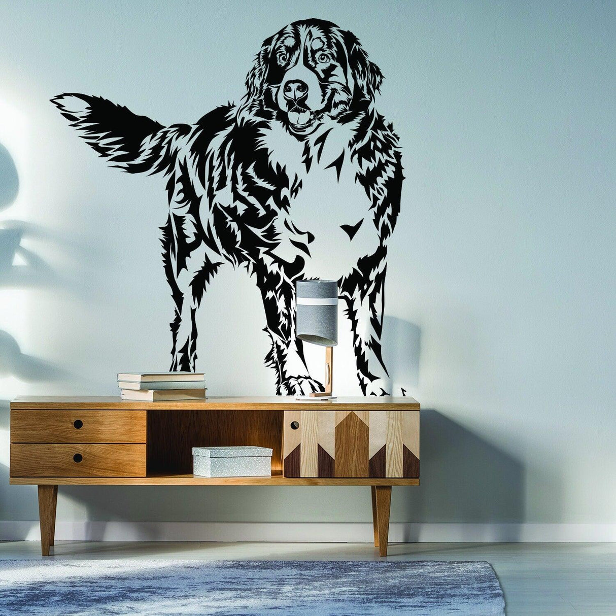 Custom dog wall decal of a standing pet, showcasing unique vinyl artwork for dog lovers in a cozy living room.