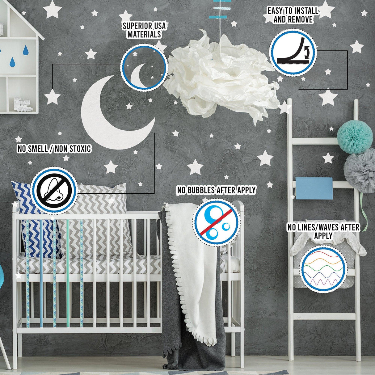 Child's nursery with white stars and moon vinyl wall stickers, showcasing benefits like no smell and easy application.
