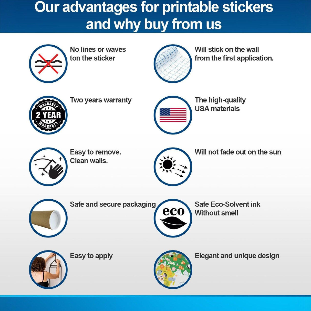 Advantages of printable stickers including easy application, warranty, eco-friendly ink, and durability.