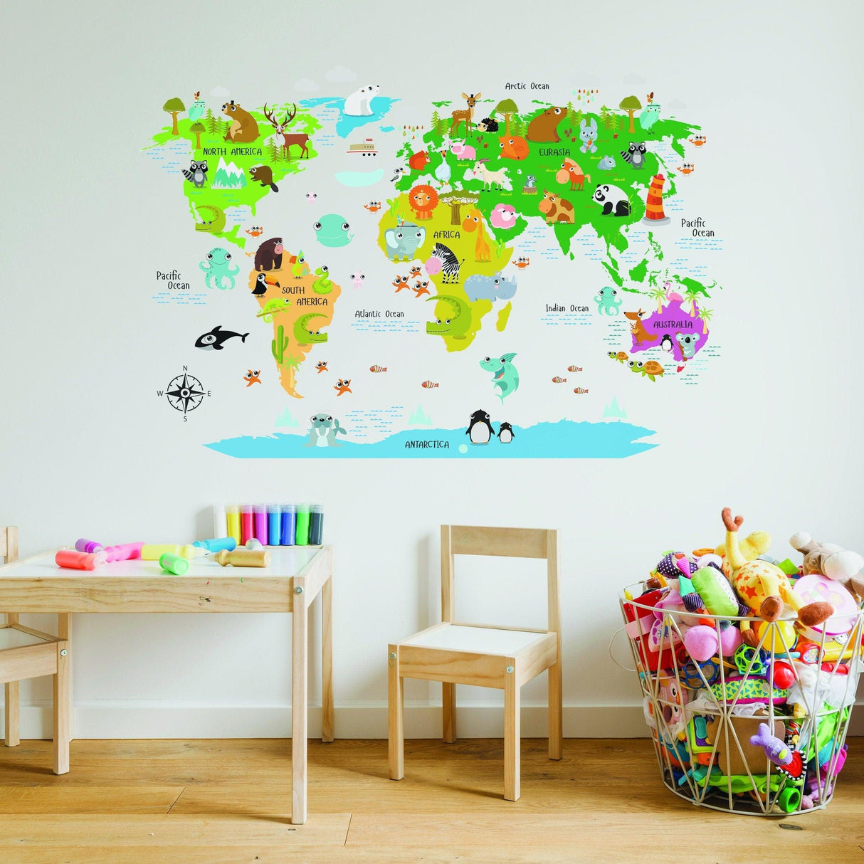 Colorful kids world map wall decal with country names and animal illustrations for nursery decor.