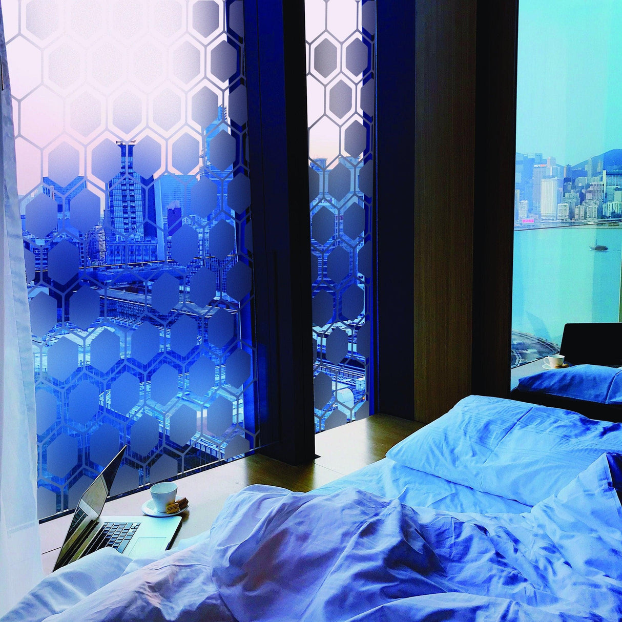 Frosted window film privacy decal in a modern bedroom, creating a serene atmosphere with elegant design.