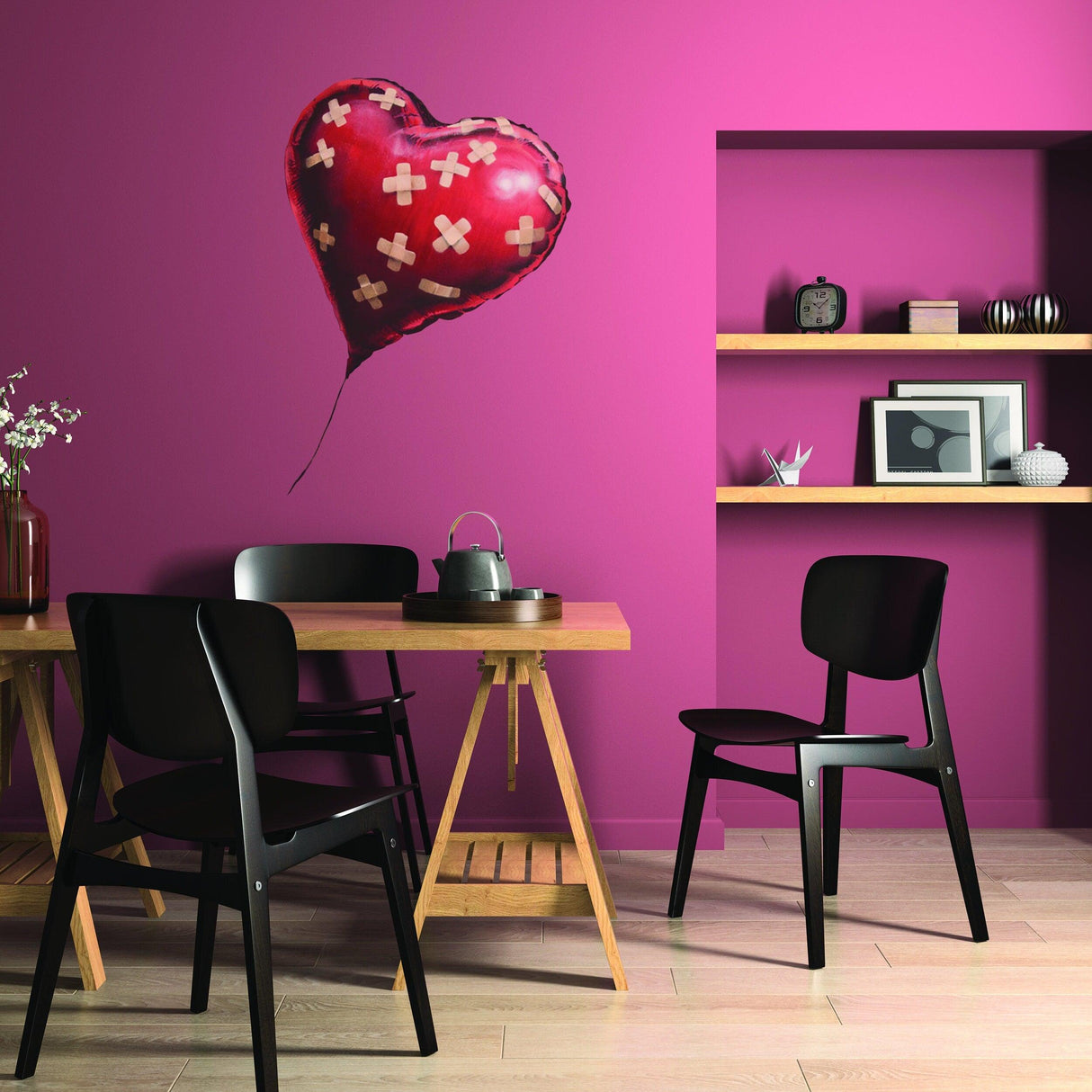 Banksy Heart Balloon Vinyl Wall Sticker on a pink wall, showcasing cool home decor and style.