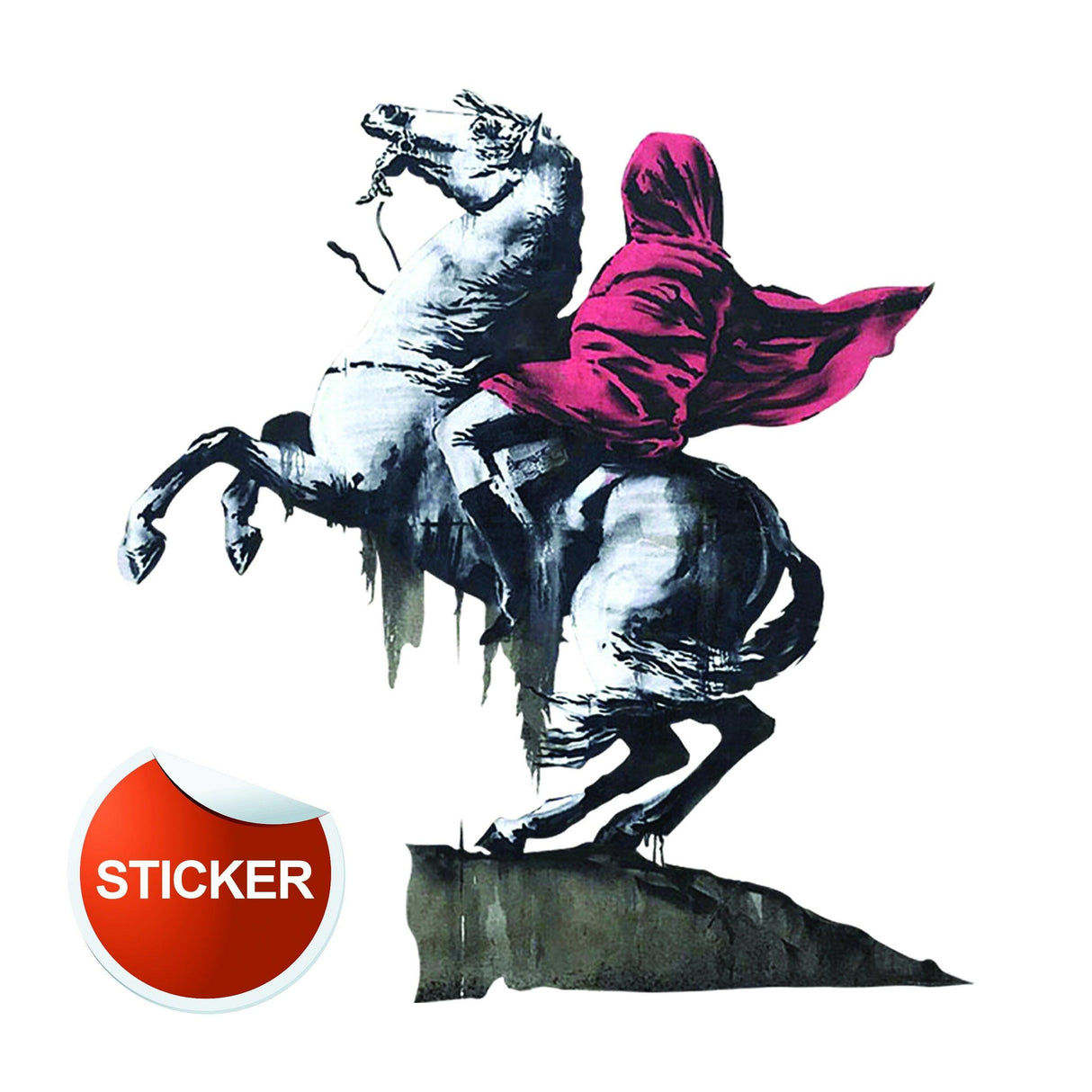 Banksy Napoleon vinyl wall sticker featuring a horse and figure in a pink hoodie, perfect for modern home decor.