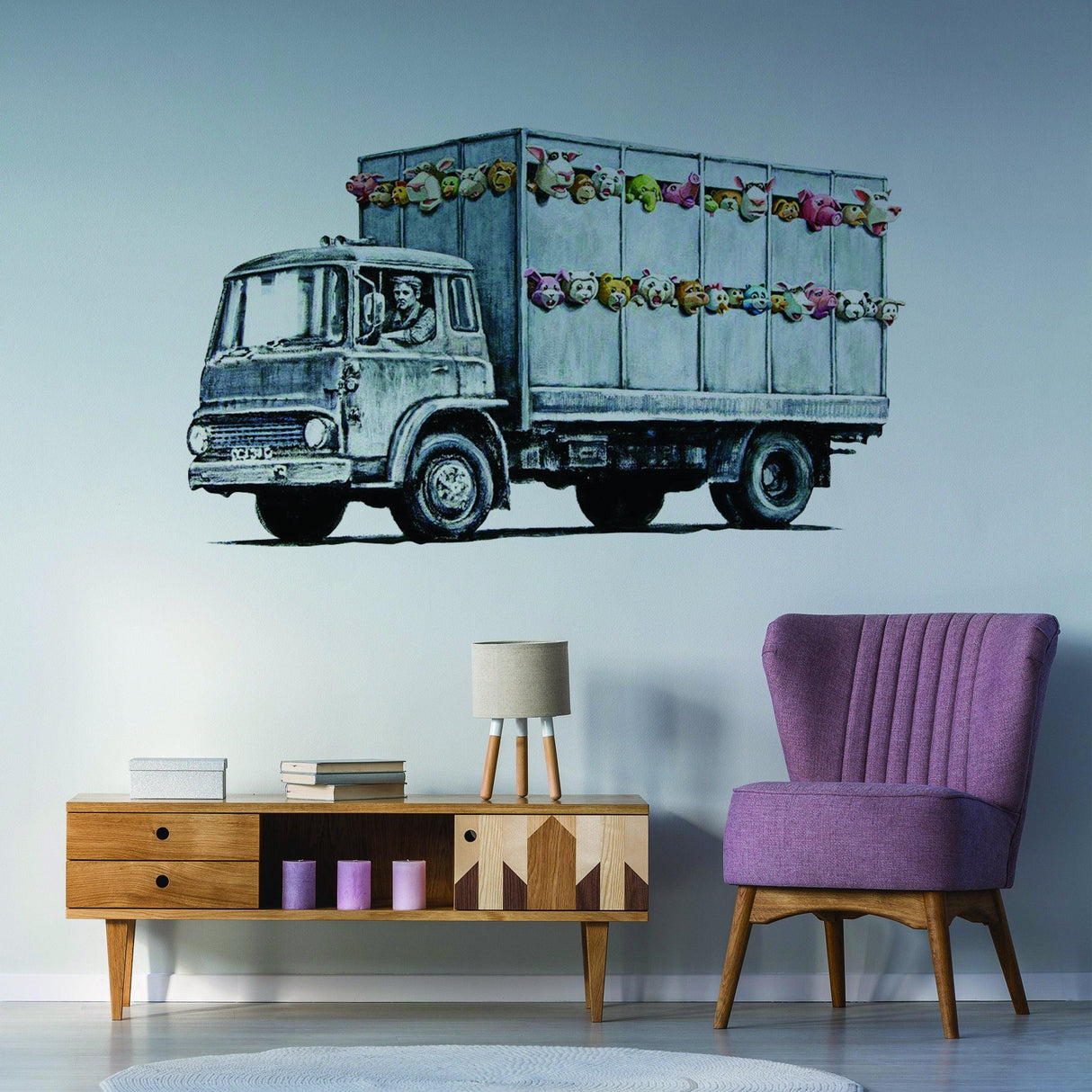 Banksy Animal Truck Vinyl Wall Sticker featuring playful animals on a truck, perfect for urban home decor.