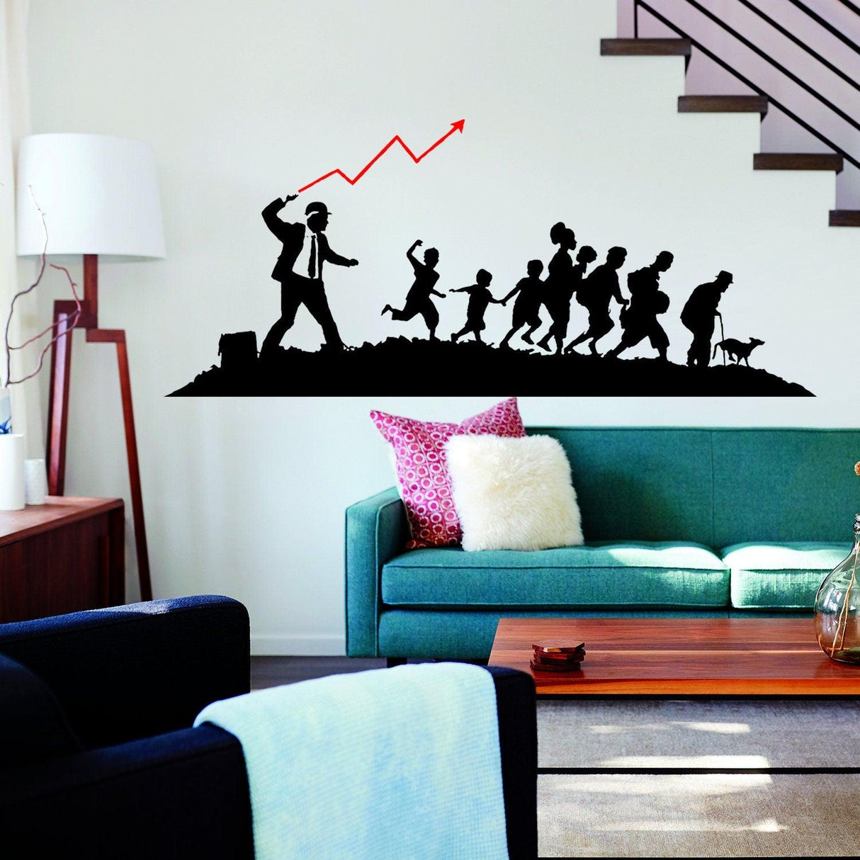 Banksy Businessman vinyl wall sticker depicting a businessman leading a group, perfect for modern home decor.