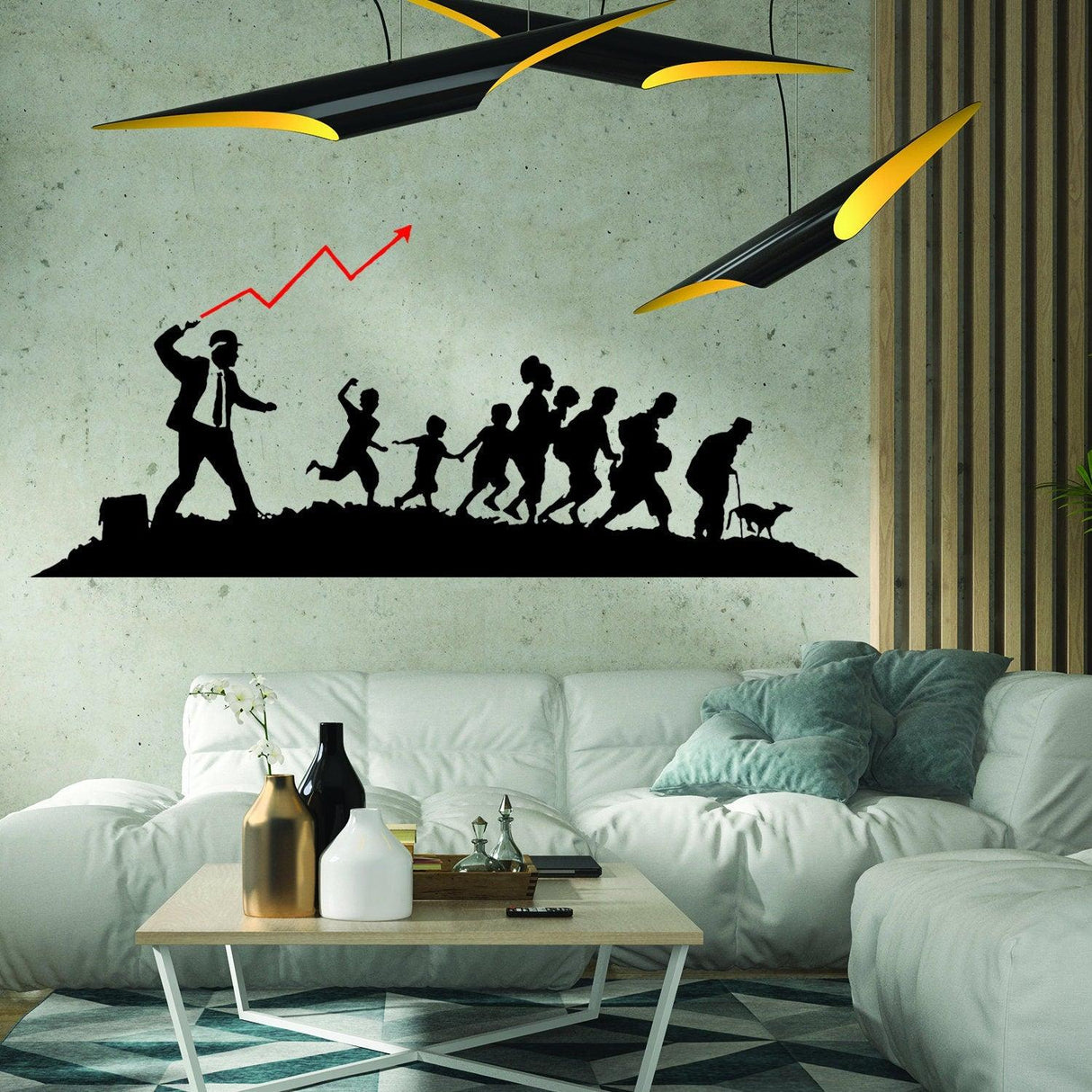 Banksy Businessman vinyl wall sticker in modern living room decor, featuring silhouettes of a businessman and children.