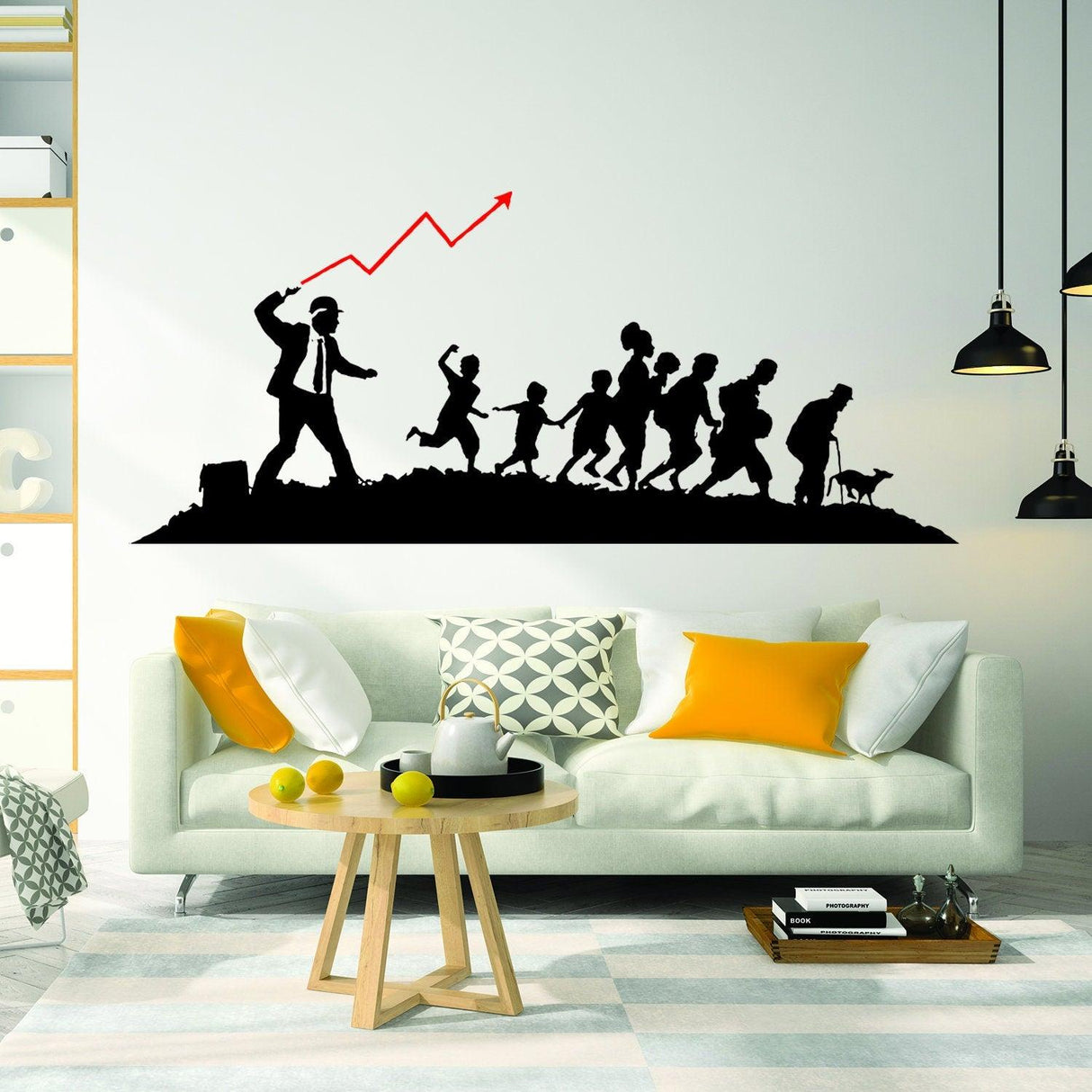 Banksy businessman vinyl wall sticker, unique art decor for stylish living spaces, featuring figures and an upward graph.
