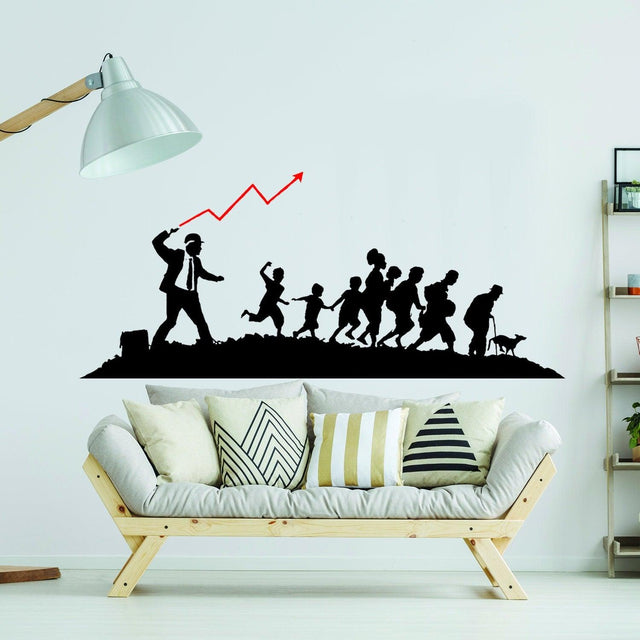 Banksy businessman wall sticker design featuring a businessman leading a group of people, ideal for unique home decor.