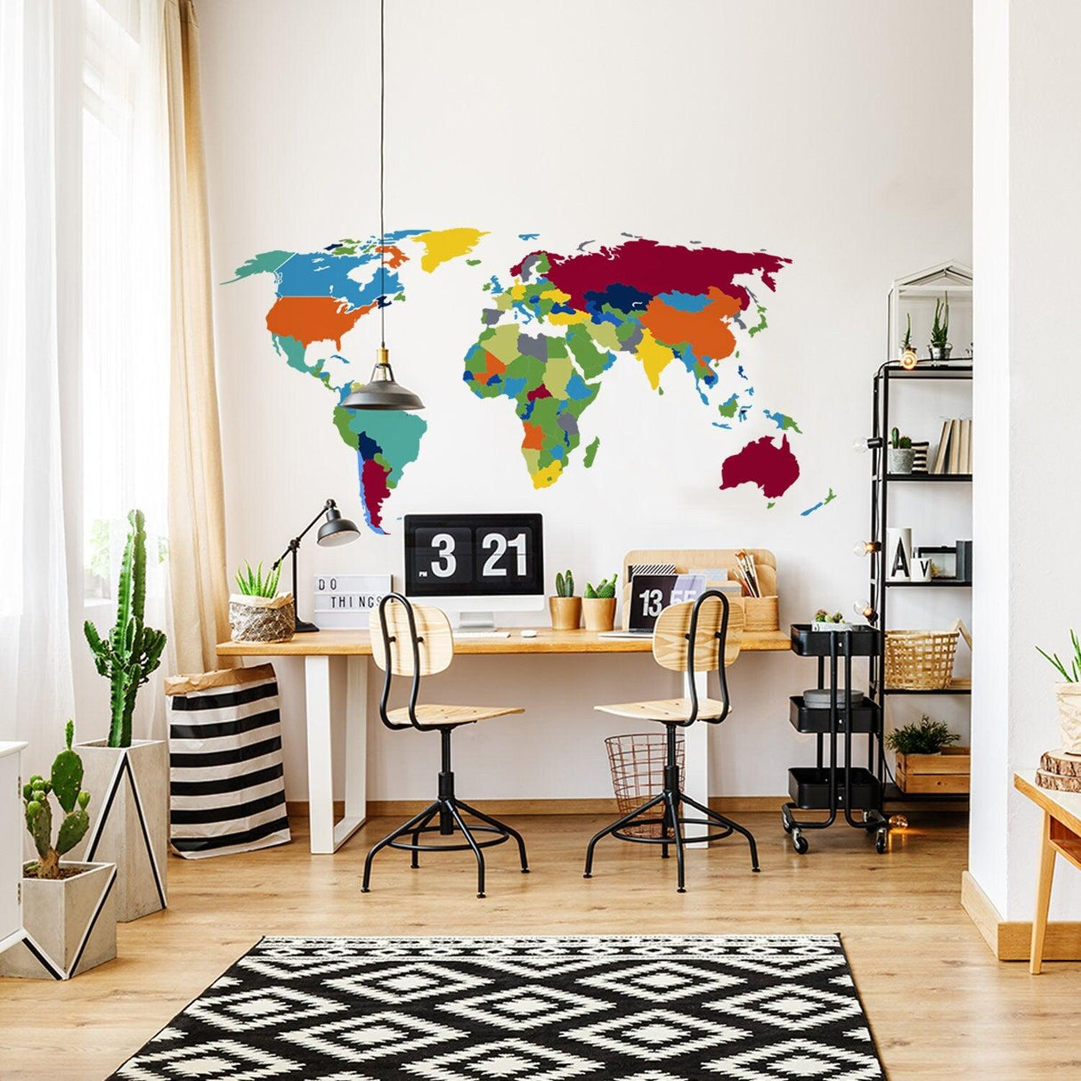 Colorful world map wall sticker in a modern home office, enhancing decor and inspiring travel.