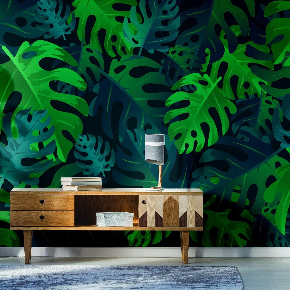 Leaves wallpaper tapestry decor featuring vibrant green foliage, enhancing a tropical room atmosphere.