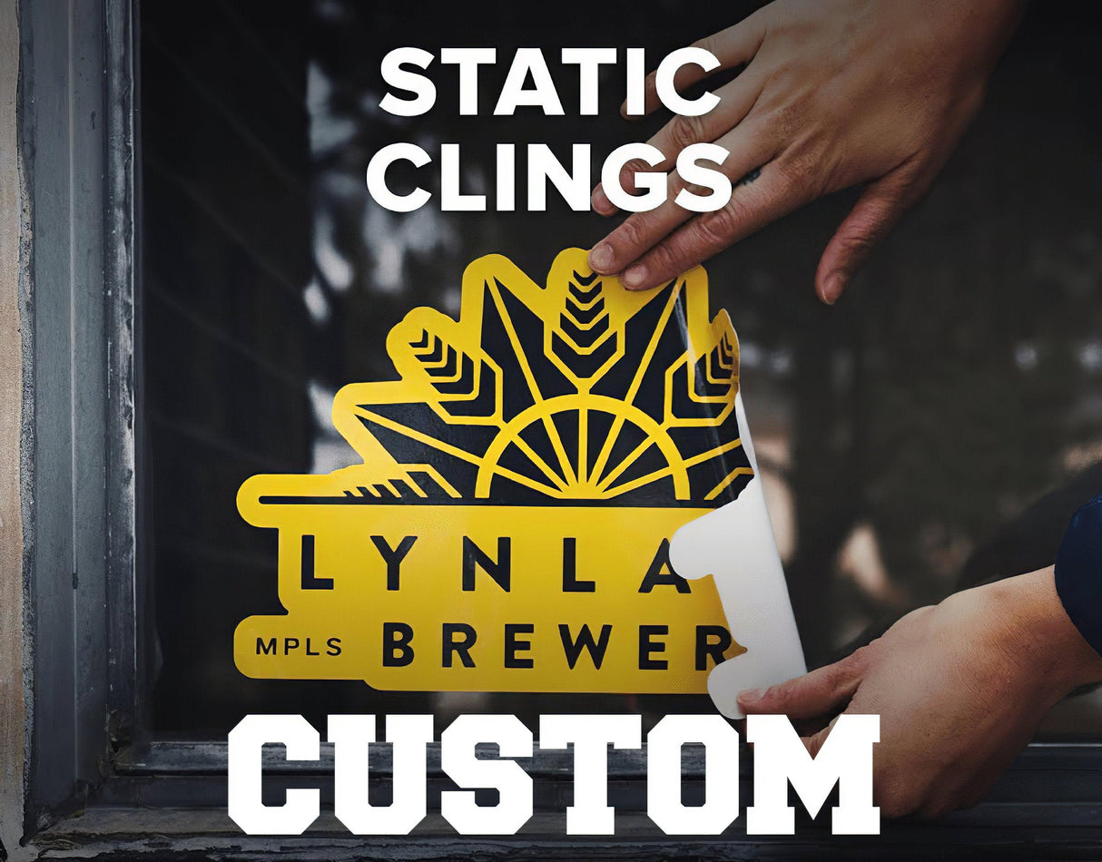 Custom static cling sticker being applied to a window, showcasing vibrant design for branding.