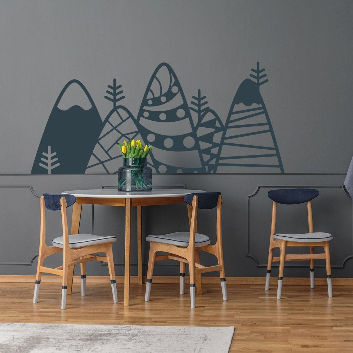 Patterned mountain wall decal in kid's room decor, modern black vinyl art on gray wall.