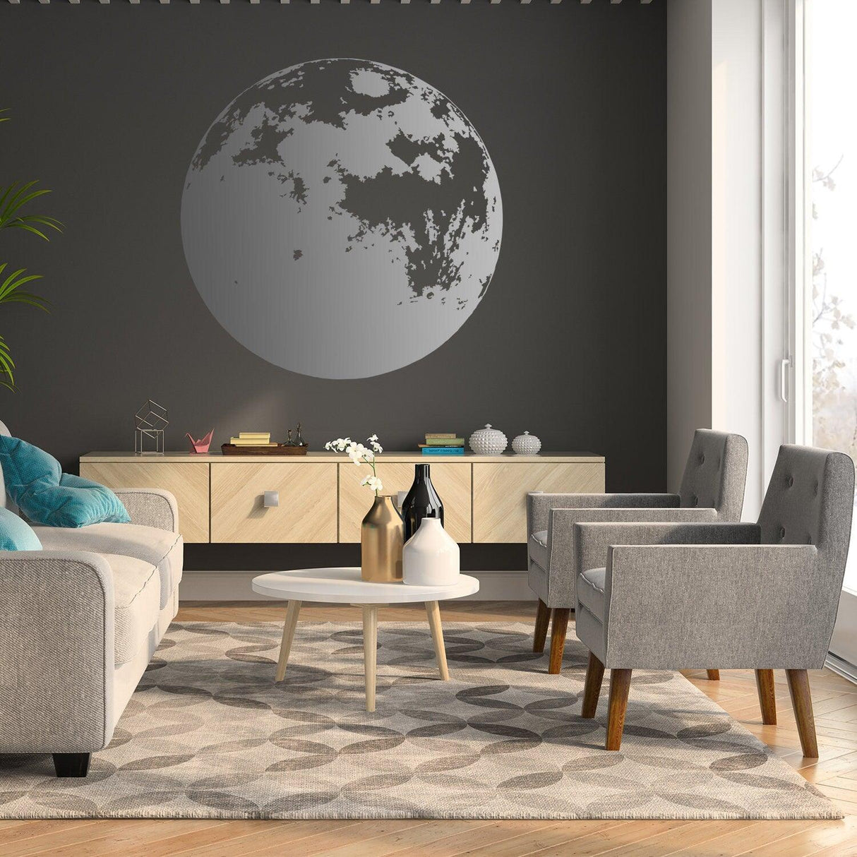 Large moon wall decal in modern living room featuring gray walls and stylish furniture.
