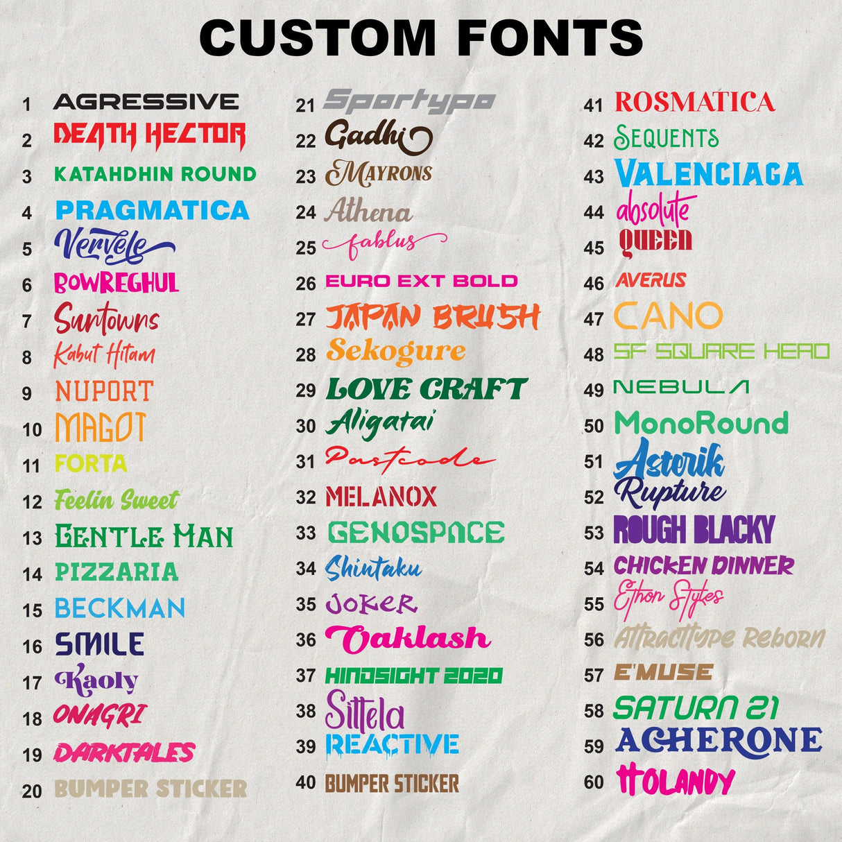 List of custom fonts for DIY t-shirt designs, showcasing a variety of playful and unique styles.