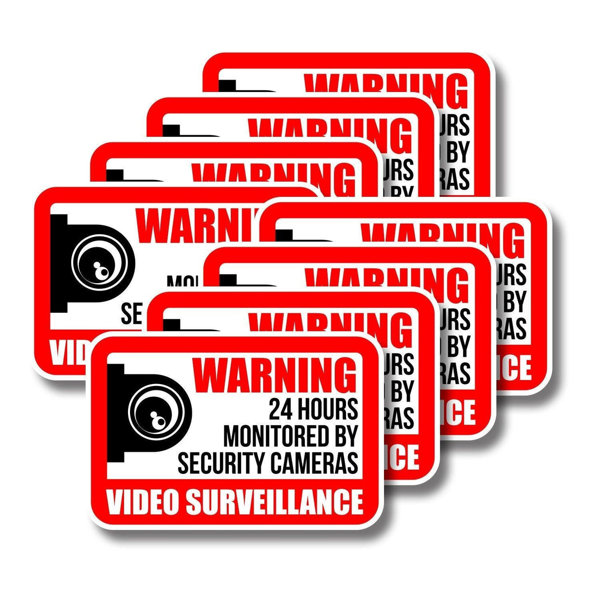 Pack of 10 video surveillance warning signs indicating 24-hour monitoring by security cameras for enhanced security.