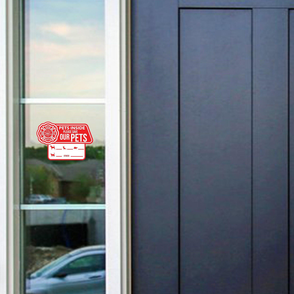 Emergency cling sticker on a door window indicating pets inside, for safety during emergency situations.