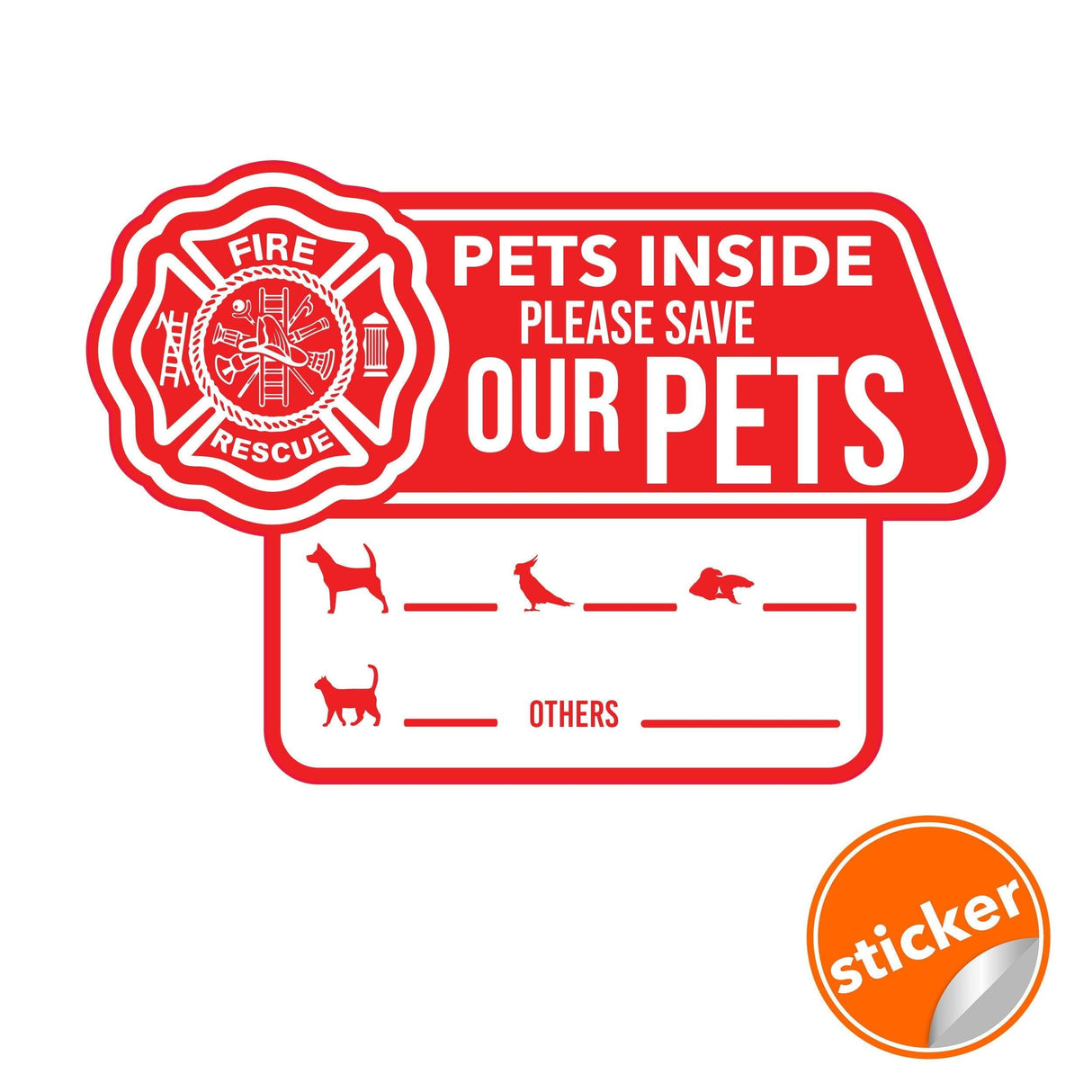 6x emergency cling sticker indicating pets inside for rescue teams with space to add pet names.