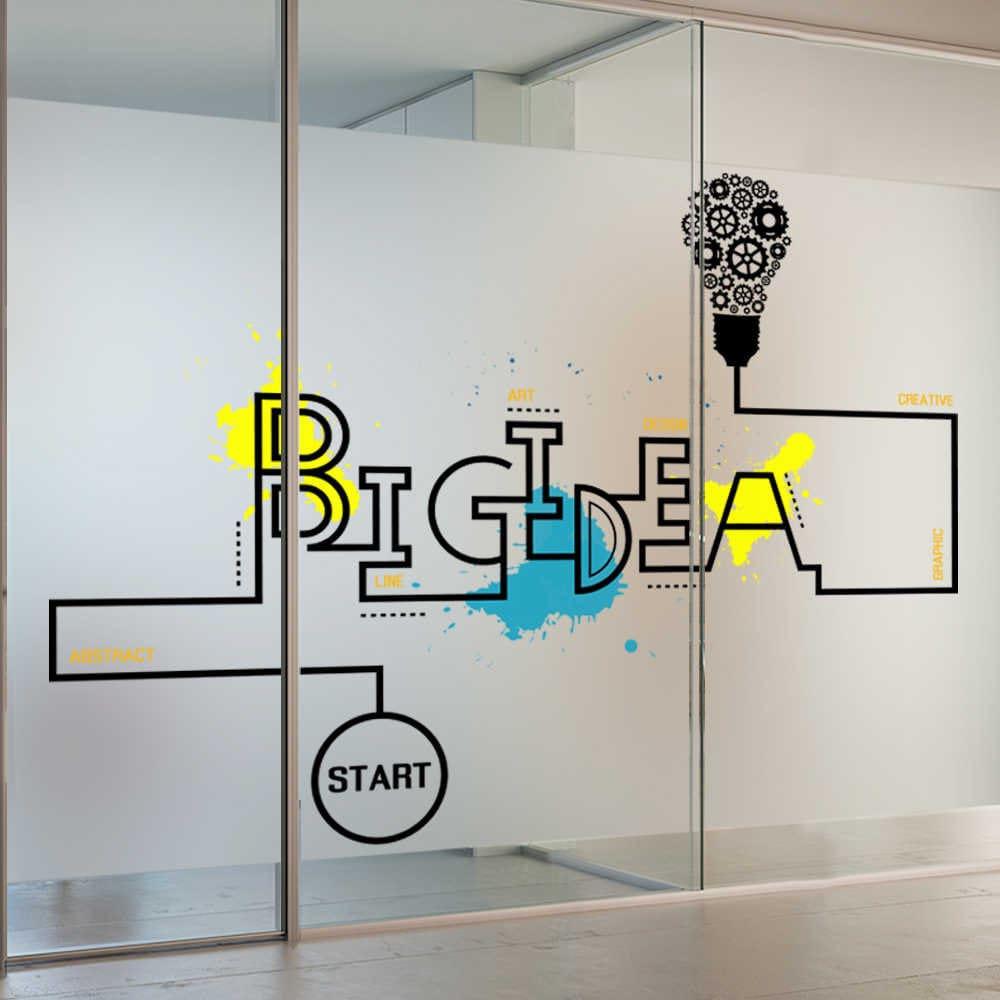 Custom frosted vinyl sticker on glass with 'BIG IDEA' graphic design and colorful accents.