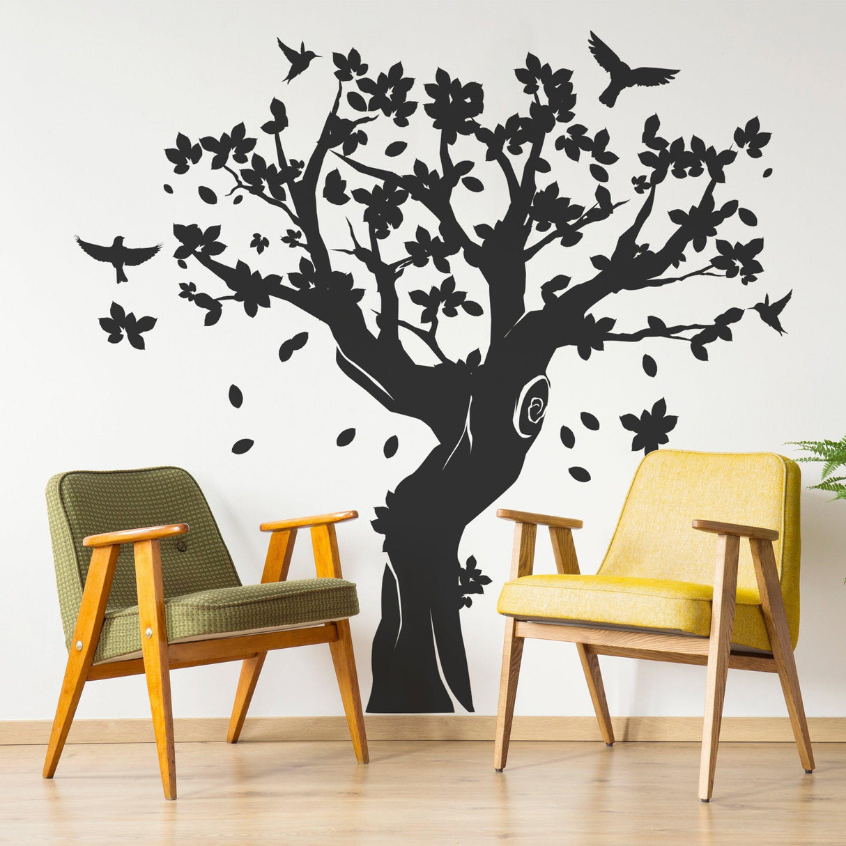 Large tree wall decal featuring birds and flowers, perfect for nursery or kids room decor.