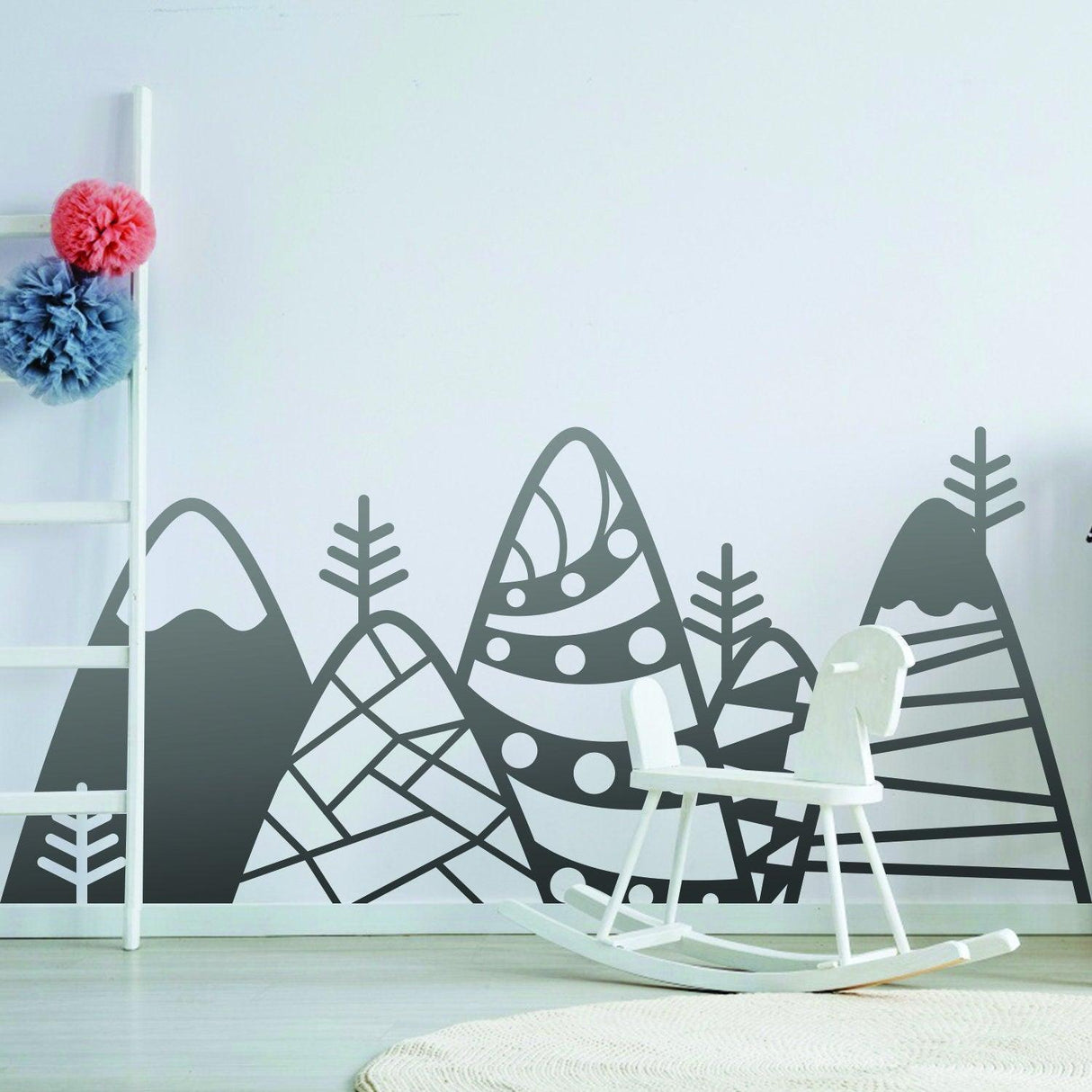 Patterned mountain wall decor decal in black vinyl, ideal for kids' room art, featuring unique designs and playful elements.