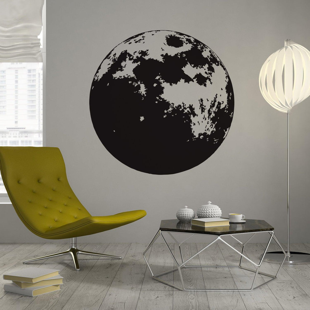 Moon phase wall decor decal featuring a large full moon design in a modern kids' room setting.