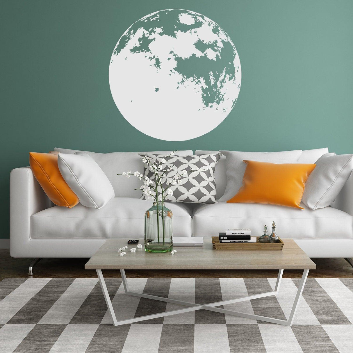 Moon phase wall decal above a modern sofa in a stylish living room setting.