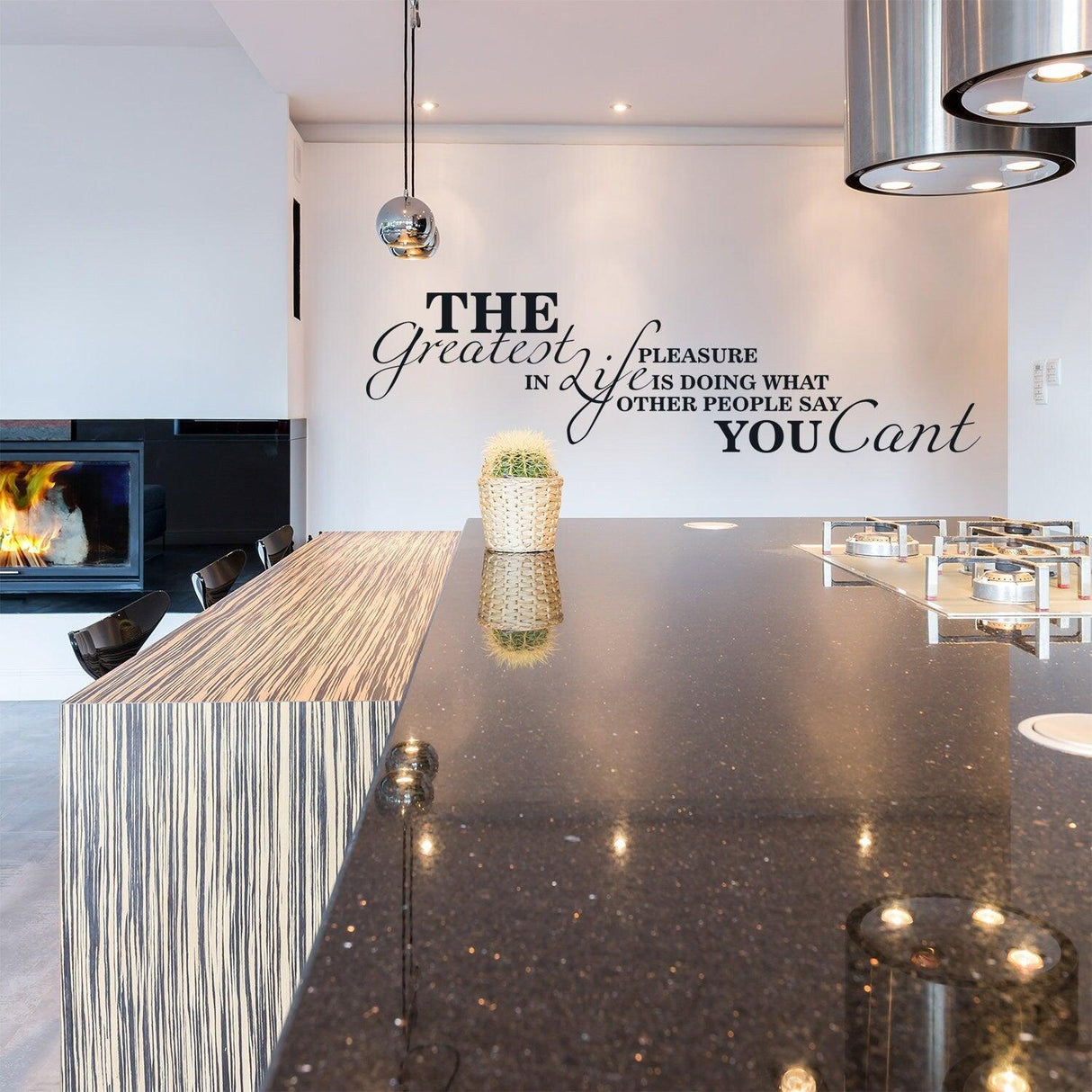 Inspirational wall quotes decal in a modern kitchen, enhancing decor with a motivational saying.