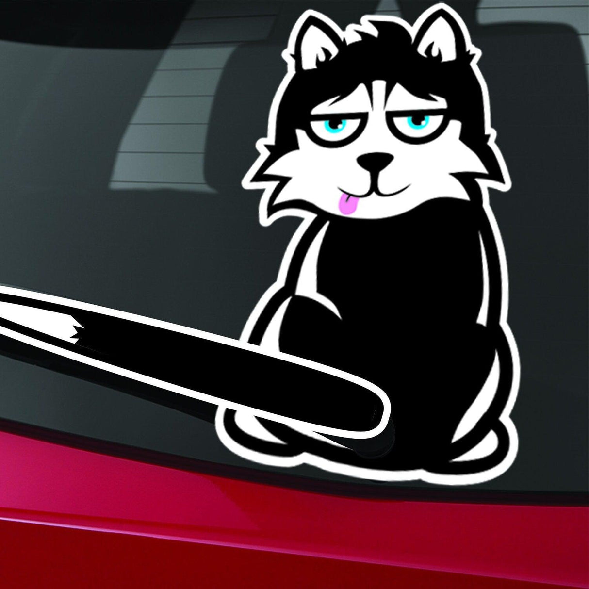 Stylish cartoon husky vinyl decal for rear window of car, adding personality and unique flair.