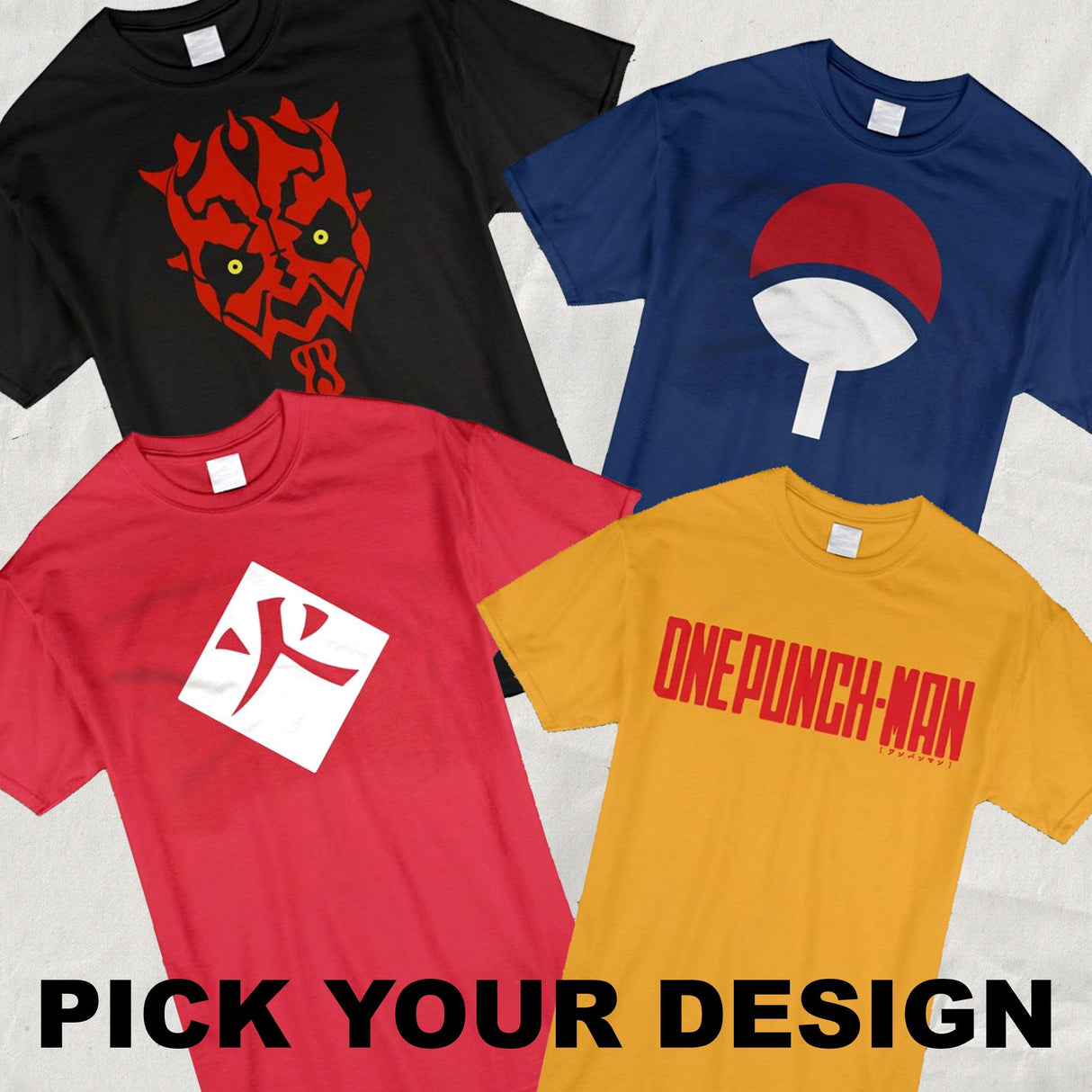 Four colorful t-shirts showcasing unique designs, inviting customers to pick their favorite custom options.