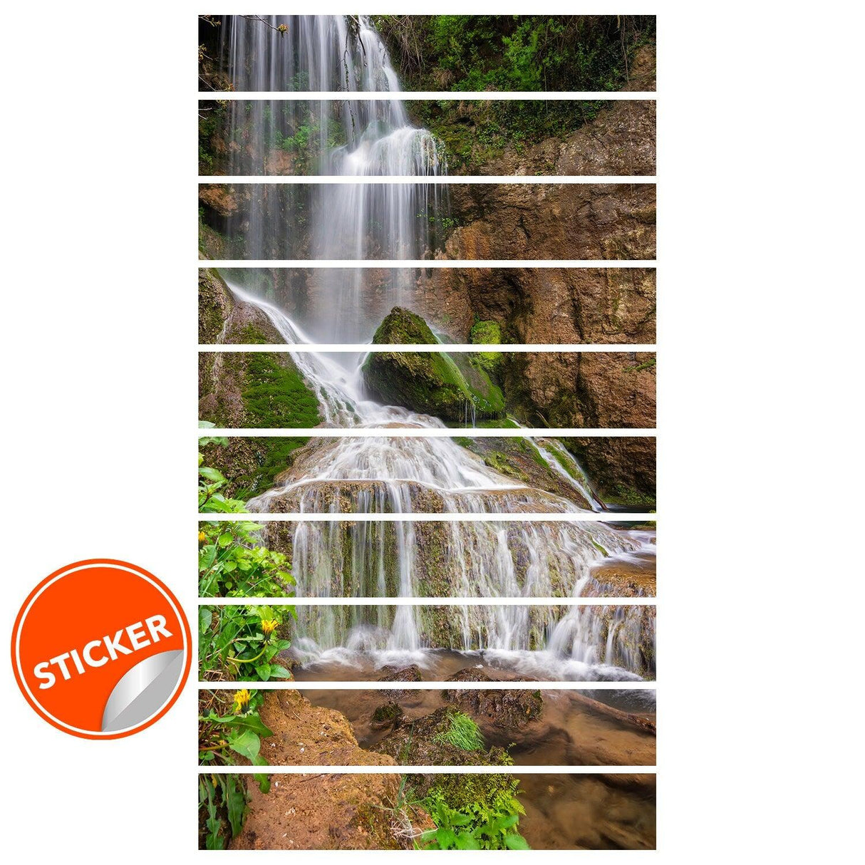 Stair riser vinyl decals featuring a beautiful waterfall design, perfect for enhancing your staircase with nature-inspired decor.