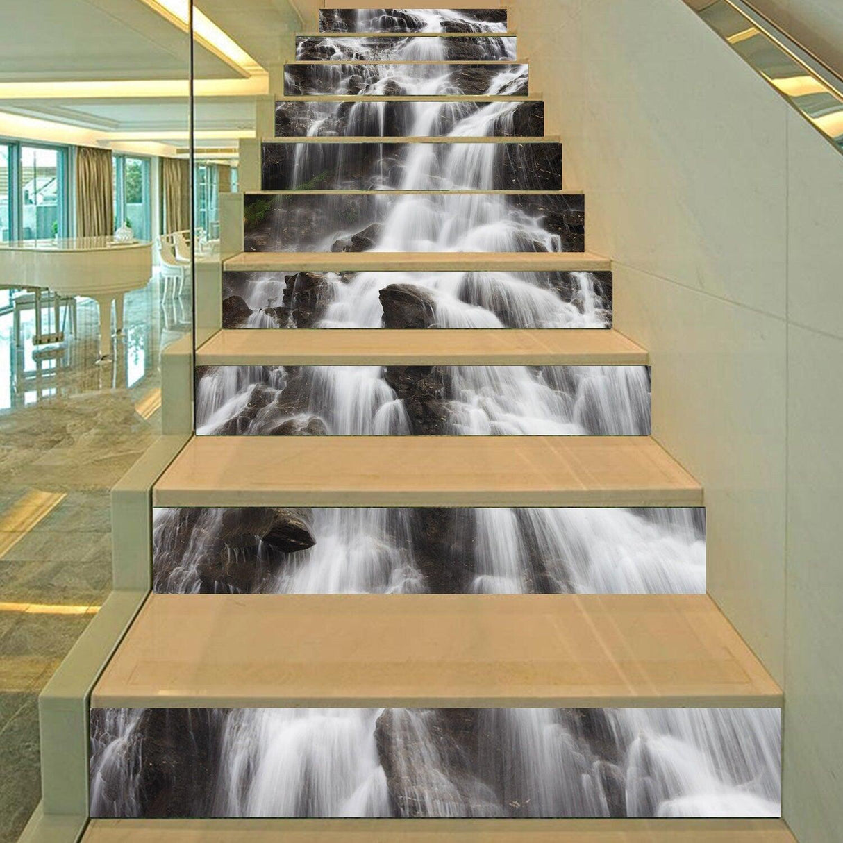 Stair riser vinyl decals featuring a waterfall design on modern stairs for home decor enhancement.