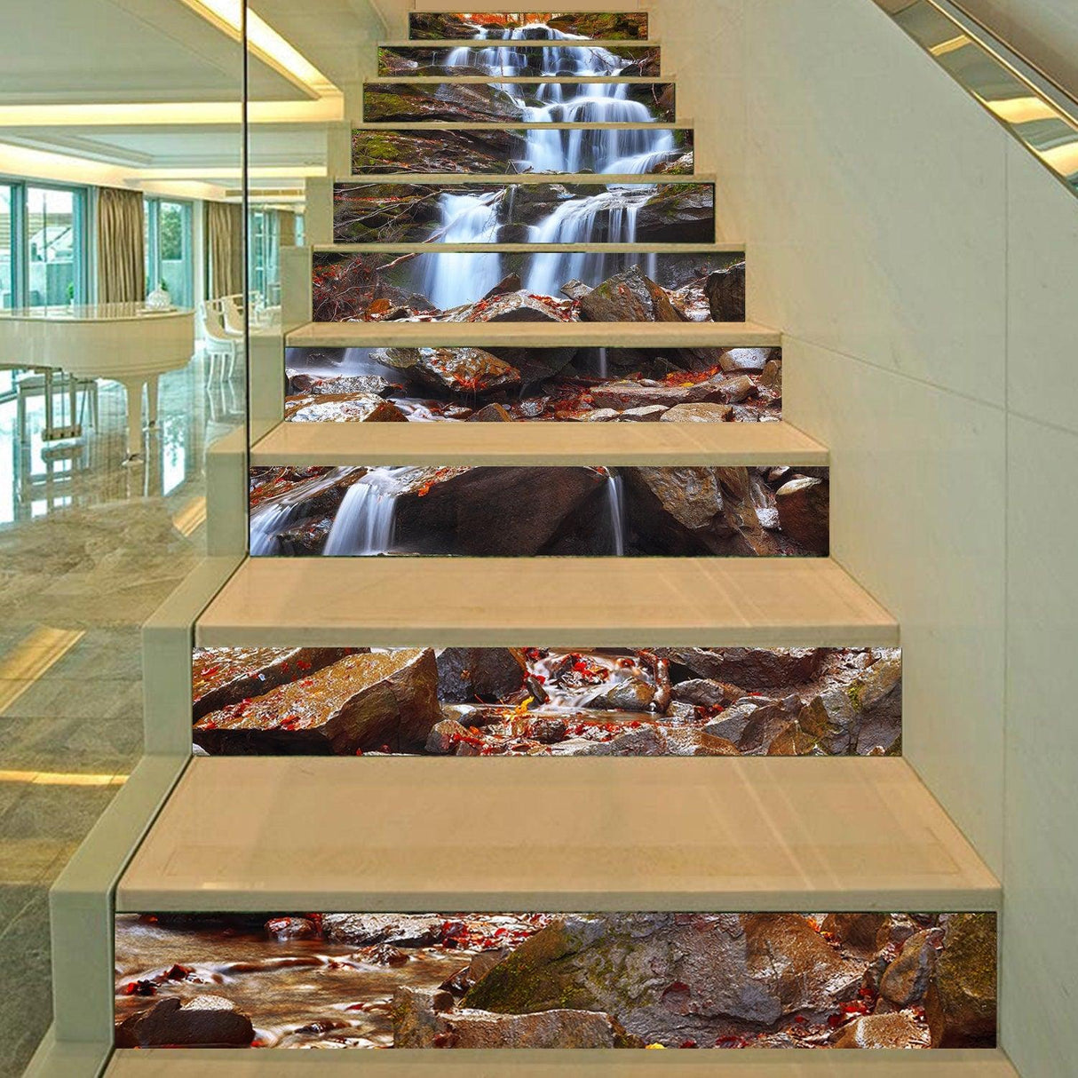 Stair riser vinyl decals featuring a serene waterfall and rocks design, enhancing the beauty of the staircase.